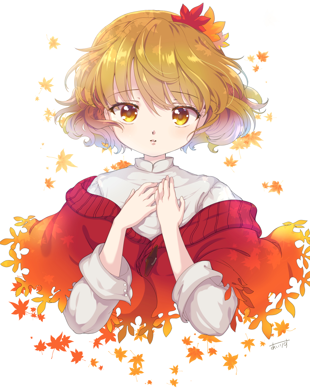1girl aki_shizuha alternate_costume autumn_leaves blonde_hair cropped_torso hair_ornament hands_on_own_chest highres iris_anemone leaf leaf_background leaf_hair_ornament long_sleeves looking_at_viewer maple_leaf parted_lips shirt short_hair signature sleeves_folded_up solo touhou upper_body white_background white_shirt yellow_eyes