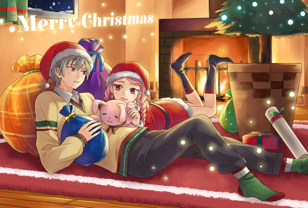 1girl bag bangs bekkourico black_legwear black_pants borrowed_garments braid christmas_tree dress earrings eye_contact fur-trimmed_dress fur-trimmed_hat gift_bag hat holding holding_bag indoors jewelry kakumeiki_valvrave kneehighs l-elf lieselotte_w_dorssia long_hair long_sleeves looking_at_another lying merry_christmas on_back on_stomach pants parted_bangs parted_lips pink_hair print_sweater red_dress red_eyes red_hat red_lips santa_costume santa_hat silver_hair smile socks star star_earrings stuffed_animal stuffed_toy sweater twin_braids yellow_sweater