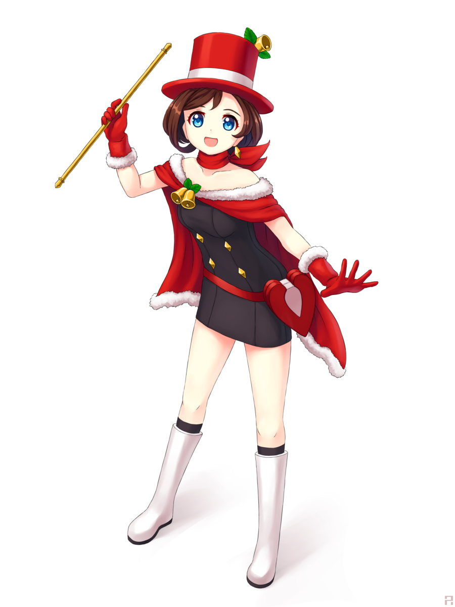 1girl :d aposine baton bell black_dress black_legwear blue_eyes boots brown_hair cape christmas collarbone commentary dress english_commentary fur_trim gloves gyakuten_saiban hat highres holding kerchief kneehighs looking_at_viewer naruhodou_minuki open_mouth outstretched_arm red_cape red_gloves red_hat simple_background smile solo standing top_hat white_background white_footwear