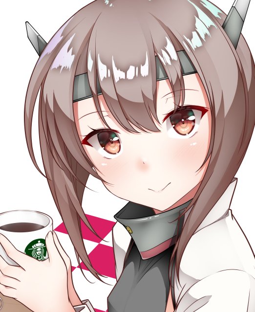 1girl coffee_mug cup eyebrows_visible_through_hair flat_chest from_side headgear kantai_collection kirigakure_(kirigakure_tantei_jimusho) looking_at_viewer mug smile solo starbucks taihou_(kantai_collection) upper_body