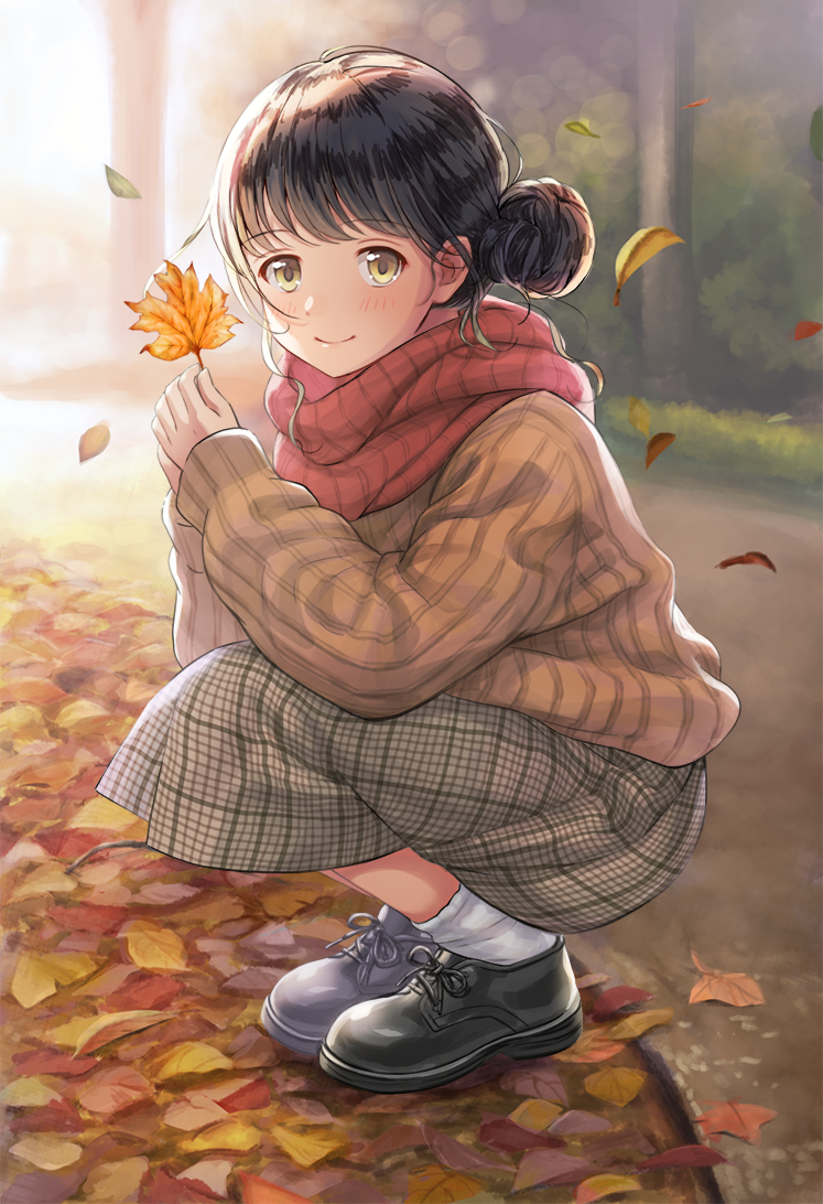 1girl autumn autumn_leaves backlighting black_footwear blush brown_hair brown_sweater closed_mouth commentary_request day from_side full_body grey_skirt holding holding_leaf leaf long_sleeves looking_at_viewer original outdoors plaid plaid_skirt red_scarf ribbed_sweater scarf shoes side_bun skirt smile socks solo squatting sweater tree utaka_(anyoanyot) white_legwear wind yellow_eyes