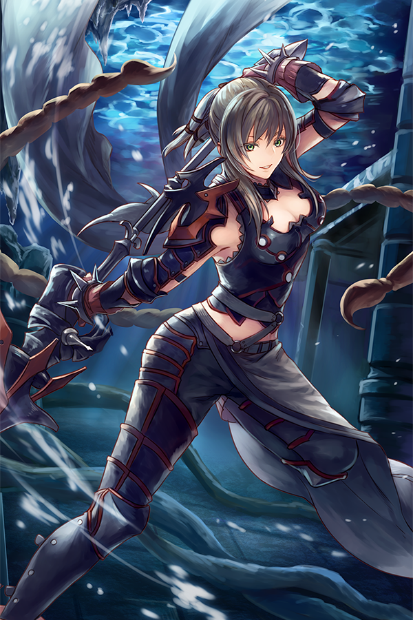 1girl aranea_highwind arm_up armor bangs black_armor black_pants breasts cleavage final_fantasy final_fantasy_xv green_eyes grey_hair hair_between_eyes holding holding_spear holding_weapon leg_up long_hair looking_at_viewer medium_breasts navel o-ring pants polearm ponytail sasanomesi shoulder_pads smile solo spear spikes standing standing_on_one_leg weapon