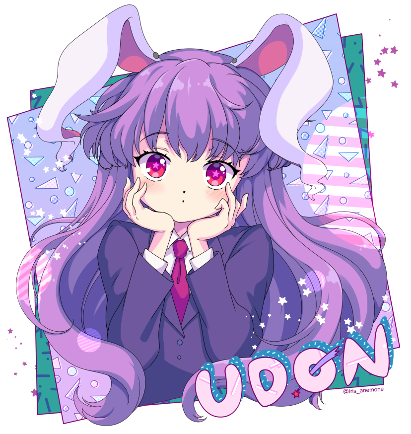 1girl animal_ears blazer blush character_name closed_mouth hands_on_own_cheeks hands_on_own_face iris_anemone jacket long_hair long_sleeves looking_at_viewer necktie outside_border purple_hair rabbit_ears red_eyes red_neckwear reisen_udongein_inaba solo star star-shaped_pupils striped symbol-shaped_pupils touhou triangle twitter_username upper_body
