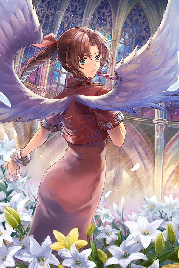 1girl aerith_gainsborough angel_wings brown_hair closed_mouth cropped_jacket dress feathered_wings feathers final_fantasy final_fantasy_vii flower from_behind green_eyes hair_ribbon jacket light_particles lily_(flower) long_hair looking_at_viewer looking_back pink_dress pink_ribbon red_jacket ribbon sasanomesi short_sleeves smile solo standing white_flower white_wings wings yellow_flower