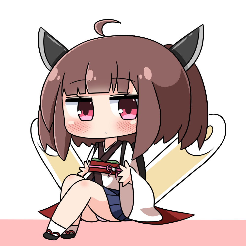 1girl ahoge bangs black_footwear blue_skirt blunt_bangs blush brown_background brown_hair chibi closed_mouth commentary_request eyebrows_visible_through_hair full_body hana_kazari headgear japanese_clothes kimono long_hair long_sleeves looking_at_viewer obi pleated_skirt red_eyes sash sitting skirt sleeves_past_wrists socks solo touhoku_kiritan two-tone_background voiceroid white_background white_kimono white_legwear wide_sleeves zouri