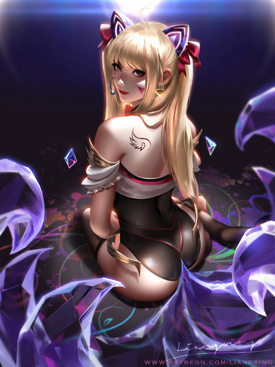 1girl ahoge ahri animal_ears ass back_tattoo bangs bare_shoulders black_legwear blonde_hair bow brown_hair choker commentary cosplay d.va_(overwatch) earrings facepaint facial_mark fox_ears fox_tail from_behind full_body hair_bow heart heart_earrings highres idol jewelry k/da_(league_of_legends) k/da_ahri k/da_ahri_(cosplay) league_of_legends liang_xing long_hair looking_at_viewer looking_back nose overwatch parted_lips patreon_username r red_bow red_eyes red_lips signature sitting skin_tight solo tail tattoo teeth thigh-highs whisker_markings wing_tattoo yellow_eyes