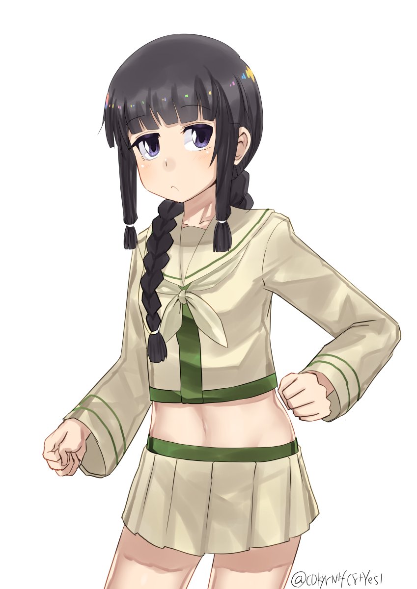 1girl :&lt; bangs beige_skirt black_hair blunt_bangs braid commentary_request cowboy_shot hair_over_shoulder highres kantai_collection kitakami_(kantai_collection) long_hair looking_at_viewer neckerchief pleated_skirt remodel_(kantai_collection) school_uniform serafuku sidelocks simple_background single_braid skirt solo standing twitter_username v_r_dragon01 white_background white_neckwear