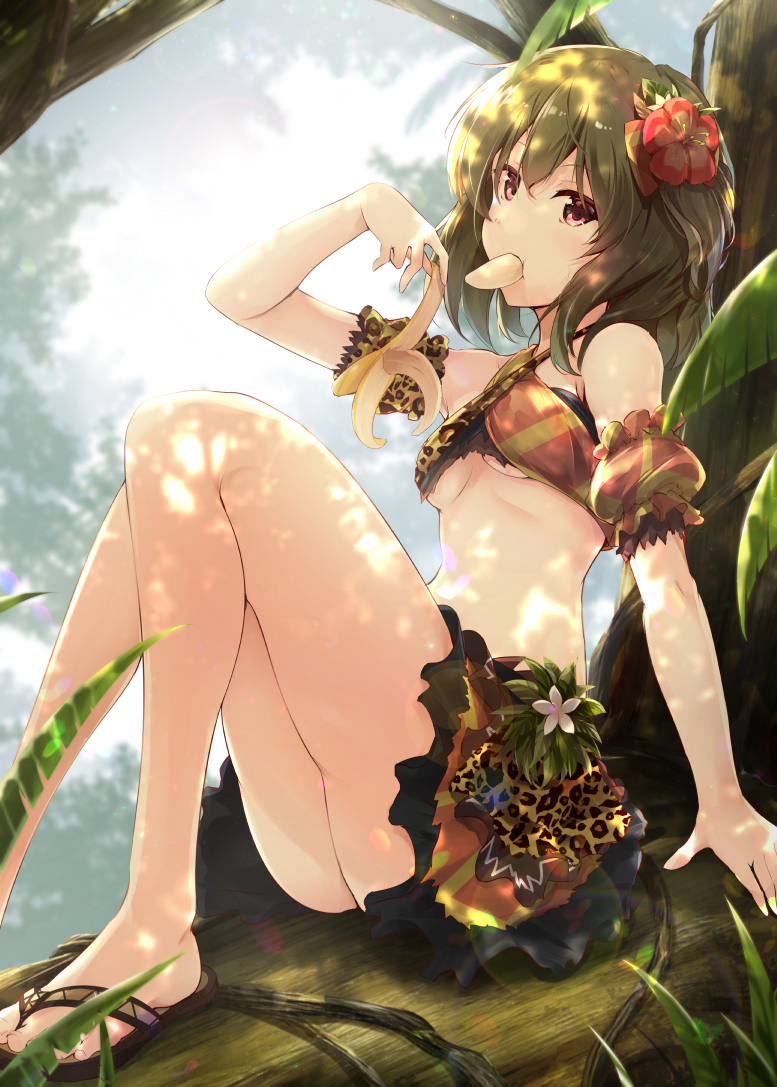 1girl arm_strap black_skirt breasts closed_eyes day flower green_hair halterneck hibiscus idolmaster idolmaster_million_live! idolmaster_million_live!_theater_days in_tree miniskirt mouth_hold nagayoshi_subaru outdoors redhead ro_risu shiny shiny_hair short_hair sitting sitting_in_tree skirt small_breasts solo tree under_boob