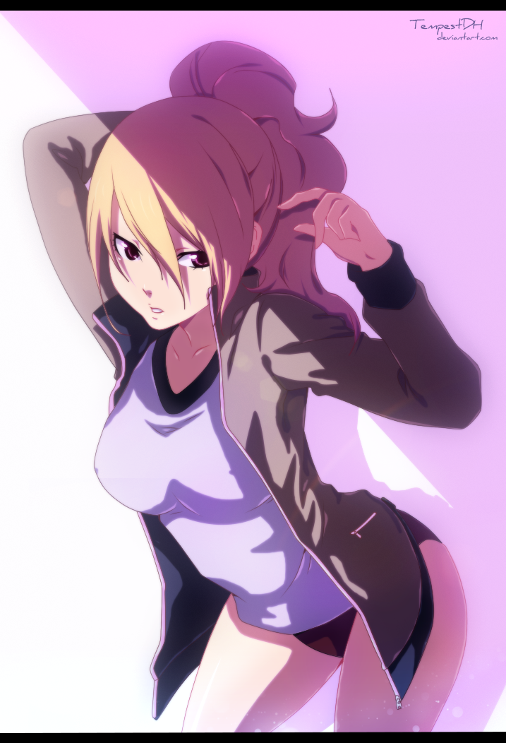 arm_behind_head blonde_hair breasts buruma cowboy_shot gym_uniform jacket large_breasts leaning_forward original ponytail red_eyes shadow tempestdh track_jacket