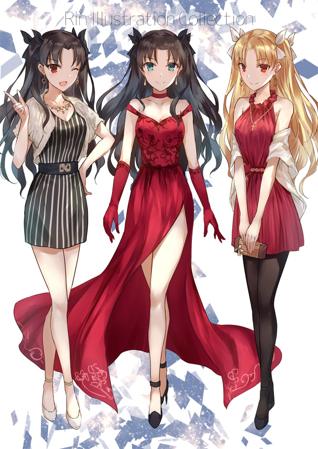3girls ;d asle bangs black_footwear black_legwear black_ribbon blonde_hair blue_eyes blush breasts brown_hair character_name choker cleavage closed_mouth collarbone commentary_request dress elbow_gloves ereshkigal_(fate/grand_order) fate/grand_order fate/stay_night fate_(series) gloves hair_ribbon hand_up high_heels index_finger_raised ishtar_(fate/grand_order) jacket long_hair medium_breasts multiple_girls one_eye_closed open_clothes open_jacket open_mouth pantyhose parted_bangs red_choker red_dress red_eyes red_gloves ribbon shoes short_dress short_sleeves sleeveless sleeveless_dress smile striped tohsaka_rin two_side_up vertical-striped_dress vertical_stripes very_long_hair white_footwear white_jacket white_ribbon
