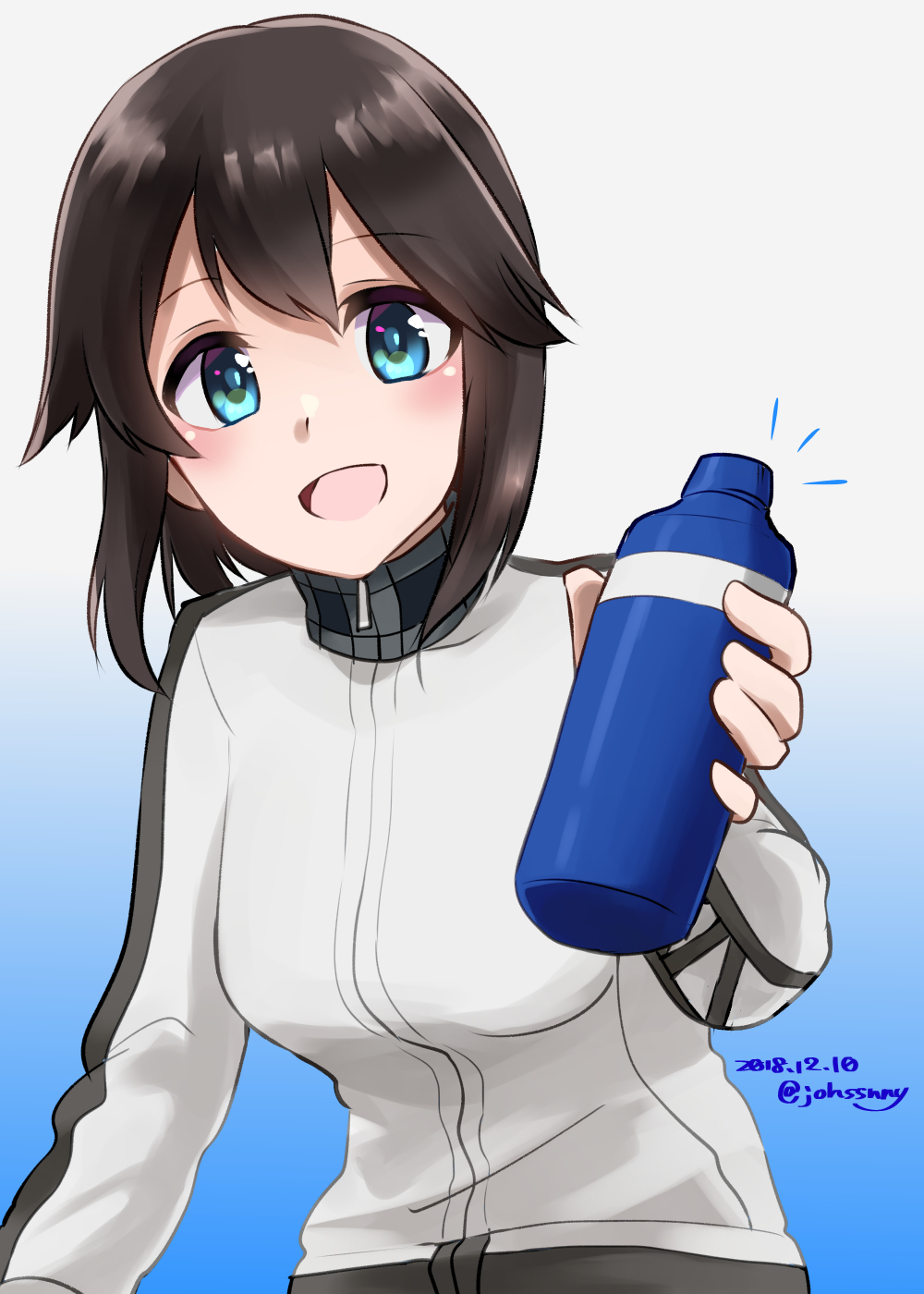 1girl black_hair blue_background blue_eyes bottle dated gradient gradient_background hair_flaps hayasui_(kantai_collection) highres jacket johssnny kantai_collection long_sleeves looking_at_viewer open_mouth short_hair smile solo track_jacket turtleneck twitter_username white_background white_jacket