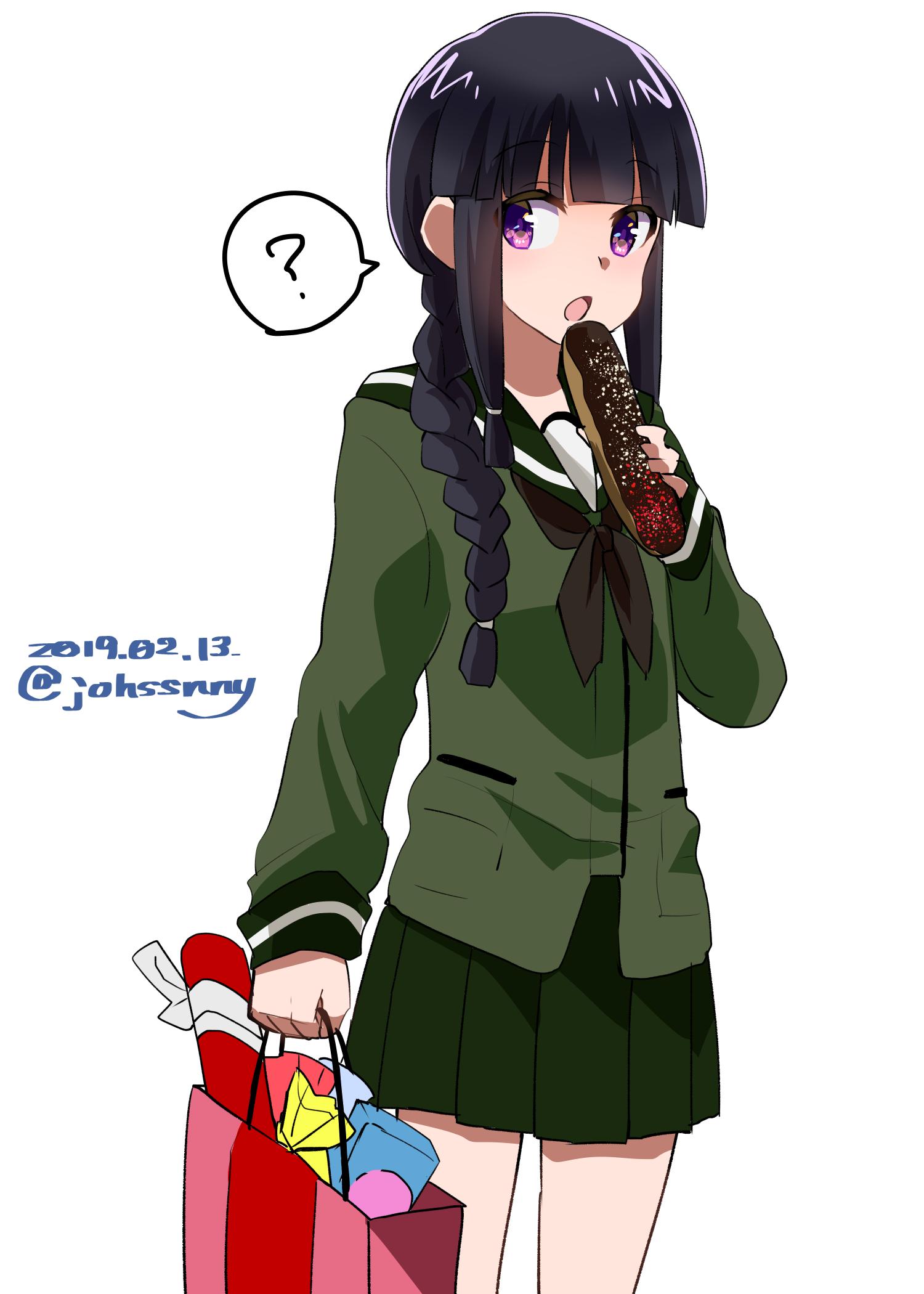 1girl ? bag bangs black_hair blunt_bangs braid dated eclair_(food) green_sailor_collar green_serafuku green_skirt hair_over_shoulder highres johssnny kantai_collection kitakami_(kantai_collection) long_hair open_mouth pleated_skirt purple_hair sailor_collar school_uniform serafuku shopping_bag sidelocks single_braid skirt solo spoken_question_mark standing twitter_username