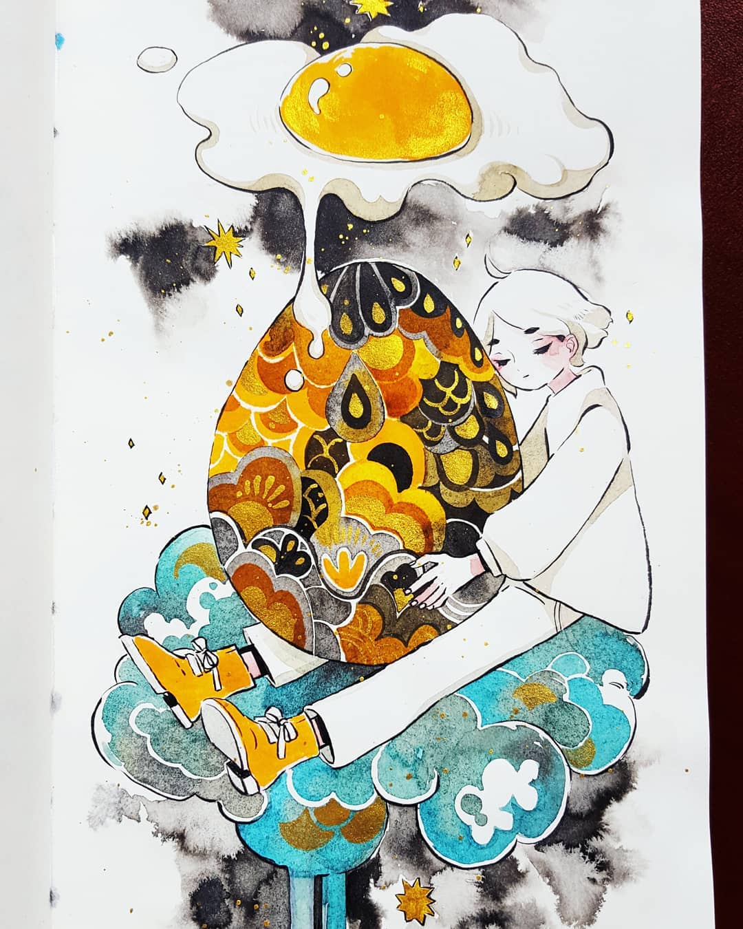 1girl closed_eyes clouds egg egg_yolk expressionless eyebrows_visible_through_hair food full_body highres long_sleeves maruti_bitamin original oversized_food oversized_object pants shirt shoes short_hair sitting solo sunny_side_up_egg traditional_media watercolor_(medium) white_hair white_pants white_shirt yellow_footwear