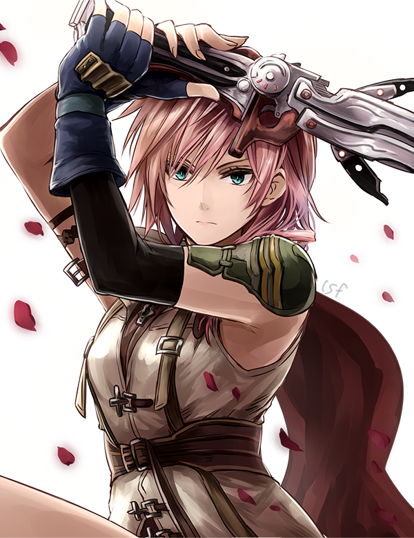 1girl arms_up bangs blue_eyes blue_gloves closed_mouth final_fantasy final_fantasy_xiii fingerless_gloves frown gloves gunblade hair_between_eyes hair_over_shoulder holding holding_sword holding_weapon lightning_farron long_hair petals pink_hair sasanomesi shoulder_pads simple_background solo sword weapon white_background