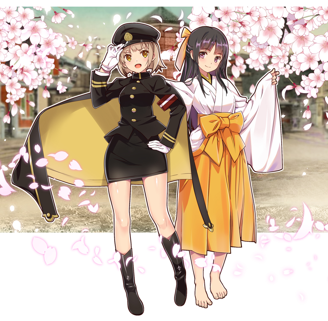 2girls :d armband barefoot black_cloak black_footwear black_hair black_hat black_jacket black_skirt boots bow brown_eyes cloak full_body gloves hair_bow hakama hand_on_hip hat jacket japanese_clothes kimono knee_boots long_hair long_sleeves military military_jacket military_uniform miniskirt multiple_girls nyoro_(nyoronyoro000) open_mouth original pencil_skirt petals shiny shiny_hair shiny_skin short_hair skirt smile standing uniform white_gloves white_kimono wide_sleeves yellow_bow yellow_eyes yellow_hakama