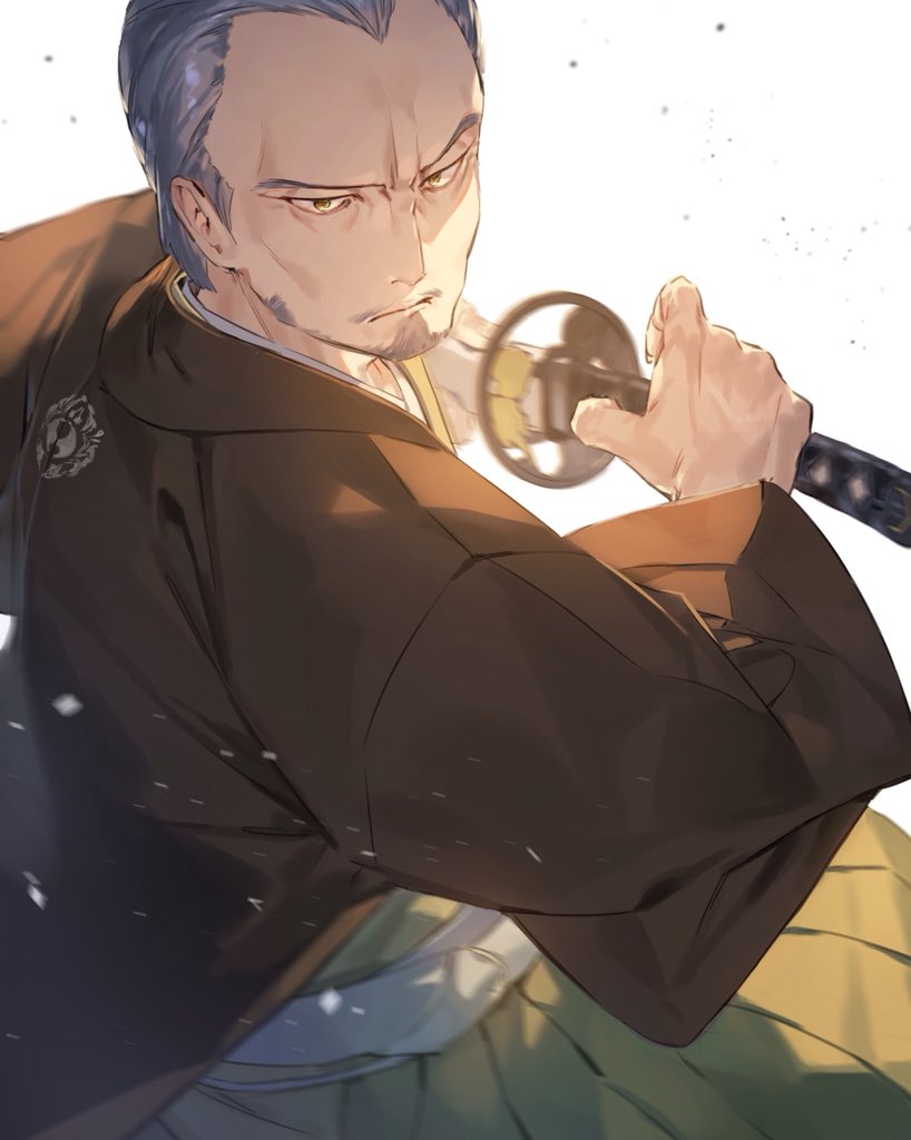 1boy beard drawing_sword facial_hair fate/grand_order fate_(series) grey_hair hakama hotosoka_(user_nxja5583) japanese_clothes katana male_focus old_man sword weapon yagyuu_munenori_(fate/grand_order)