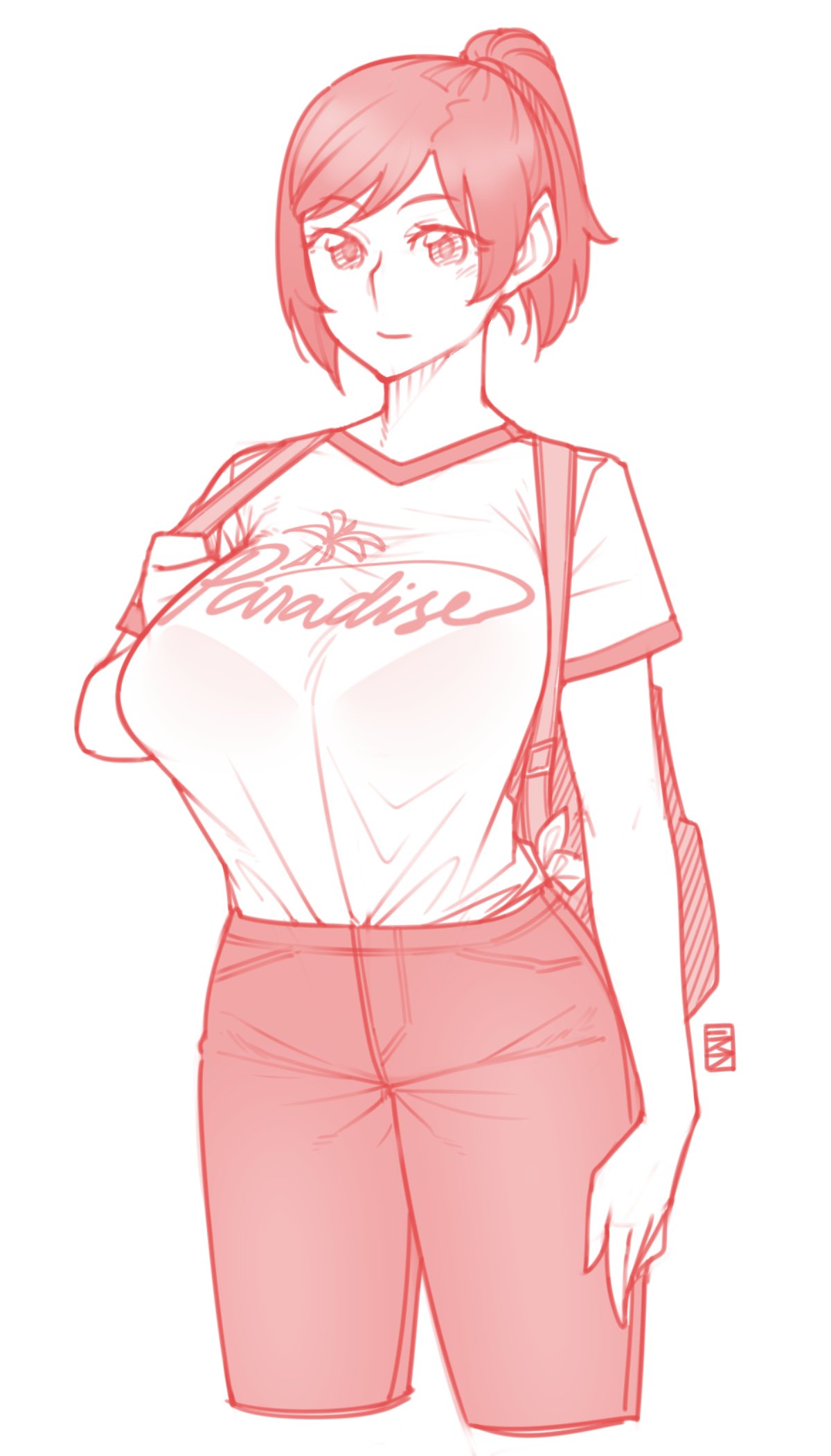 1girl backpack bag bra breasts cowboy_shot cropped_legs ekz_(drawfag) highres huge_breasts monochrome original pants ponytail red see-through shirt shirt_tucked_in short_sleeves sidelocks simple_background sketch smile solo underwear white_background white_shirt