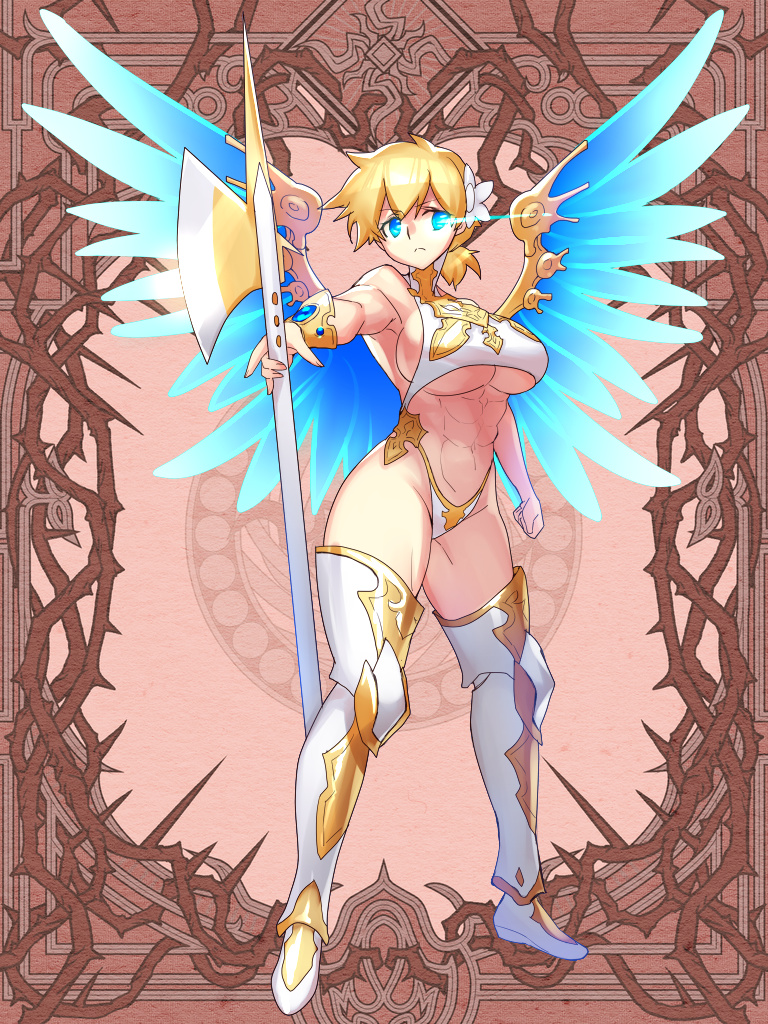1girl abs blonde_hair blue_eyes boots breasts dairoku_youhei flower hair_flower hair_ornament holding holding_weapon huge_breasts muscle muscular_female navel polearm short_hair snail8 solo thigh-highs thigh_boots under_boob weapon white_legwear wings