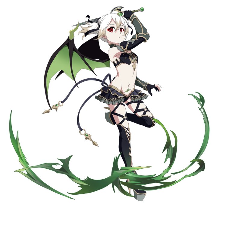 1girl alternate_color alternate_eye_color alternate_hair_color arm_up armor bikini_armor black_gloves black_legwear black_panties black_ribbon boots breasts demon_wings fingerless_gloves full_body gloves green_wings groin hair_between_eyes hair_ribbon high_heel_boots high_heels leg_up looking_at_viewer makeup mascara navel official_art panties red_eyes ribbon short_hair showgirl_skirt silica silver_hair simple_background small_breasts solo standing standing_on_one_leg sword_art_online thigh-highs thigh_strap twintails underwear white_background wings