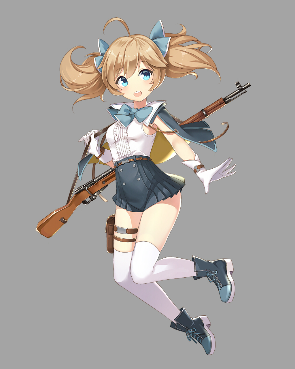 1girl :o ahoge belt black_footwear blue_bow blue_eyes bow breasts brown_hair cape capelet frills full_body gloves grey_background gun gun_request highres kibiko_(cheeks) looking_at_viewer short_twintails simple_background small_breasts solo standing thigh_pouch thigh_strap twintails weapon white_gloves