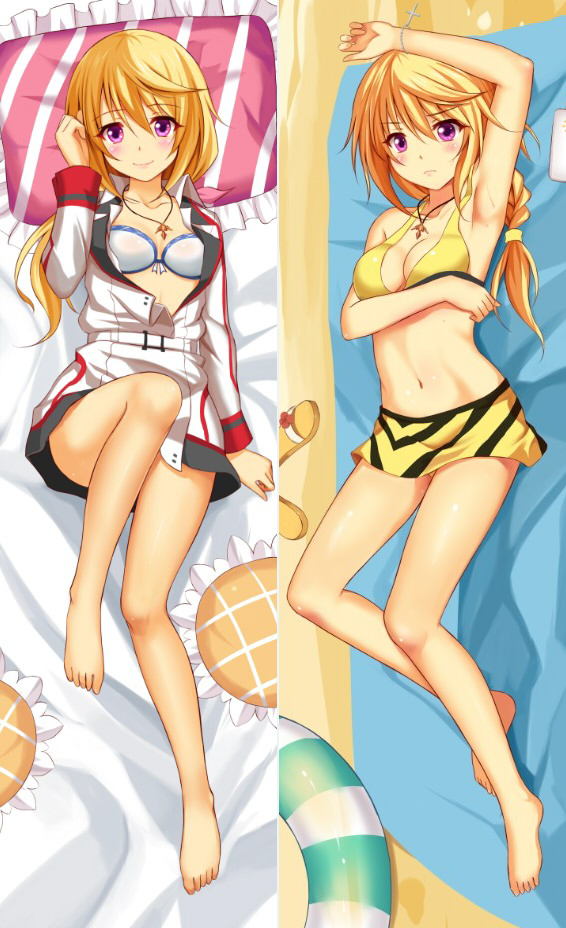 1girl arm_up armpits barefoot bed_sheet beiyu bikini bikini_skirt blonde_hair blush bra braid braided_ponytail breasts charlotte_dunois cleavage collarbone dakimakura eyebrows_visible_through_hair frilled_pillow frills full_body hair_between_eyes hand_in_hair infinite_stratos innertube jacket jewelry long_hair looking_at_viewer lying medium_breasts navel necklace on_back open_clothes open_jacket pillow pink_pillow single_braid smile striped_pillow swimsuit underwear violet_eyes white_bra white_jacket yellow_bikini