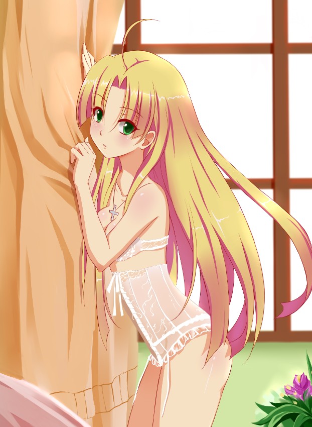 1girl ahoge asia_argento beiyu blonde_hair bra collarbone cross cross_necklace curtains eyebrows_visible_through_hair floating_hair green_eyes high_school_dxd jewelry leaning_forward long_hair necklace parted_lips see-through shiny shiny_hair shiny_skin solo standing strapless strapless_bra underwear underwear_only very_long_hair white_bra