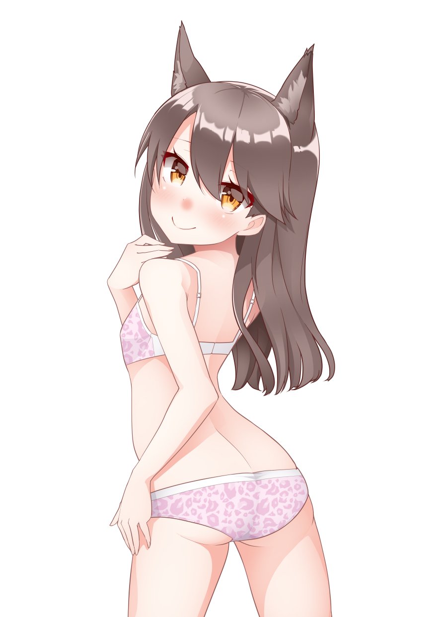 1girl alternate_hair_color alternate_hairstyle animal_ears animal_print ass black_hair bra brown_eyes flat_chest fox_ears from_behind hair_down highres kantai_collection kemonomimi_mode kirigakure_(kirigakure_tantei_jimusho) leopard_print looking_back medium_hair panties ryuujou_(kantai_collection) smile solo underwear