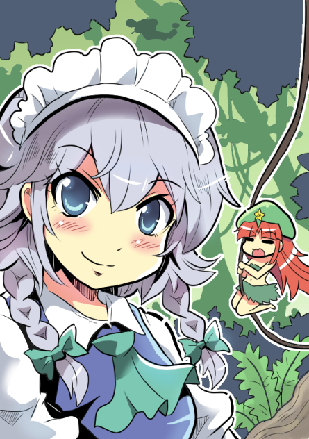 2girls ascot blue_eyes blush_stickers bow braid circle_cut colonel_aki crop_top eyebrows_visible_through_hair hair_between_eyes hair_bow hat hong_meiling izayoi_sakuya jungle long_hair looking_at_viewer maid maid_headdress multiple_girls nature navel open_mouth plant redhead silver_hair skirt smile star swinging touhou tree twin_braids vines