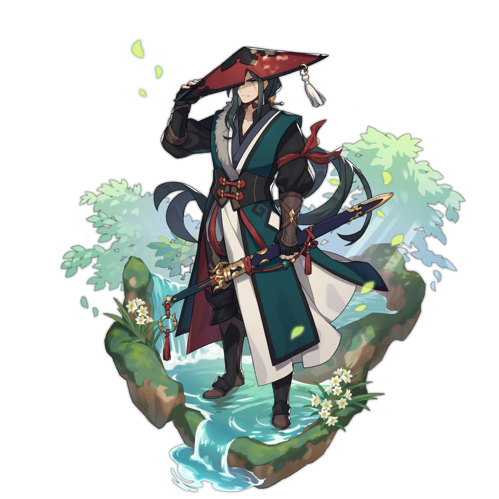 artist_request black_hair brown_eyes dragalia_lost facial_scar ku_hai long_hair looking_at_viewer non-web_source official_art scar scar_across_eye standing standing_on_liquid transparent_background very_long_hair water waterfall