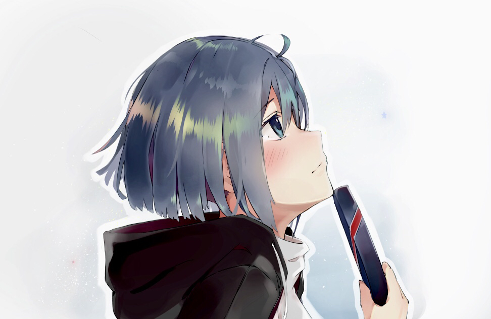 1girl bangs black_jacket blue_eyes blue_hair blush box closed_mouth commentary_request darling_in_the_franxx drawstring eyebrows_visible_through_hair gift gift_box grey_background hair_between_eyes hand_up holding holding_gift hood hood_down hooded_jacket ichigo_(darling_in_the_franxx) jacket looking_away profile shirt solo tsurara_eeri valentine white_shirt