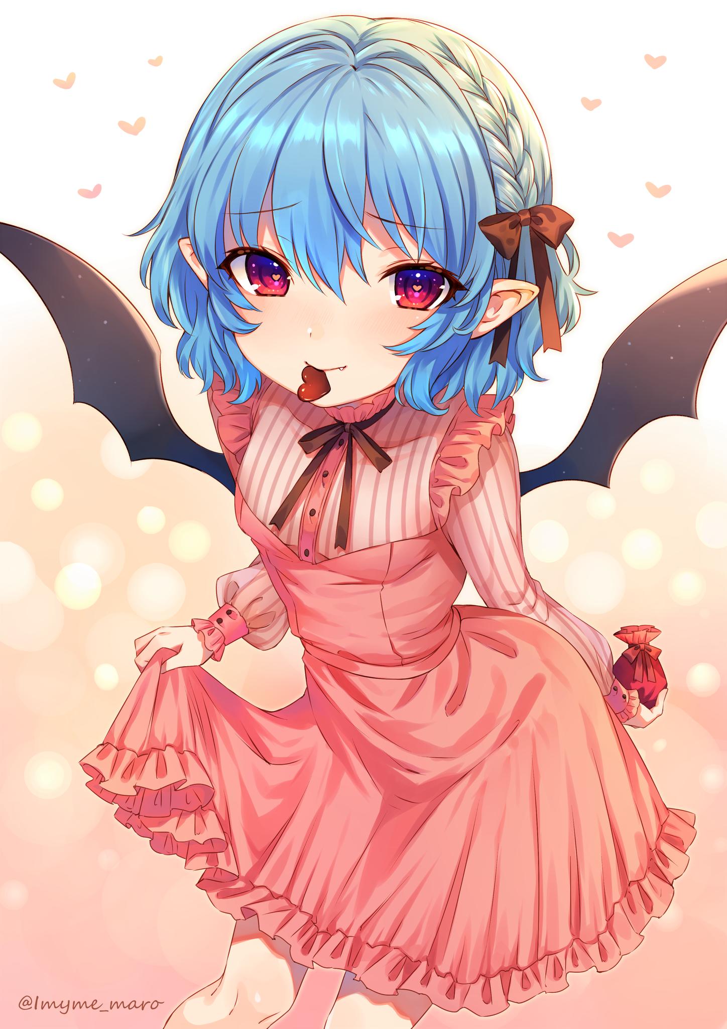 1girl alternate_costume artist_name bag bangs bat_wings blue_hair bow braid breasts brown_bow brown_neckwear brown_ribbon commentary_request dress eyebrows_visible_through_hair fang_out feet_out_of_frame frills gradient gradient_background hair_between_eyes hair_bow heart heart-shaped_pupils highres holding holding_bag long_sleeves looking_at_viewer marota mouth_hold neck_ribbon no_hat no_headwear pink_background pink_dress pointy_ears red_eyes remilia_scarlet ribbon short_hair skirt_hold small_breasts smile solo symbol-shaped_pupils touhou twitter_username white_background wings