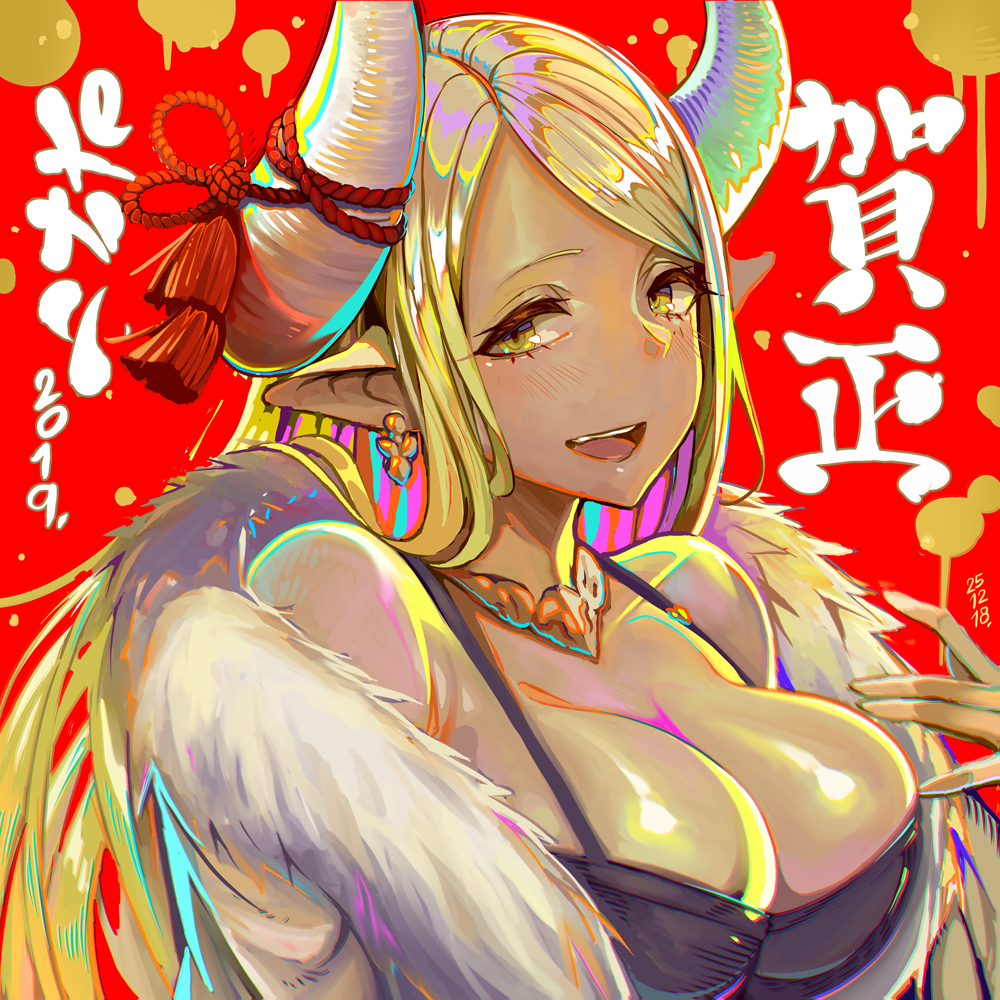 1girl 2019 :d bare_shoulders blonde_hair breasts chromatic_aberration cleavage collarbone colorful dark_skin dated draph earrings eyebrows_behind_hair eyelashes granblue_fantasy gyaru half-closed_eyes horn_ornament horns jewelry kogal kuvira_(granblue_fantasy) large_breasts long_hair looking_at_viewer new_year open_mouth pointy_ears rangsiwut_sangwatsharakul red_background shiny shiny_hair skindentation smile solo tassel translation_request upper_body yellow_eyes