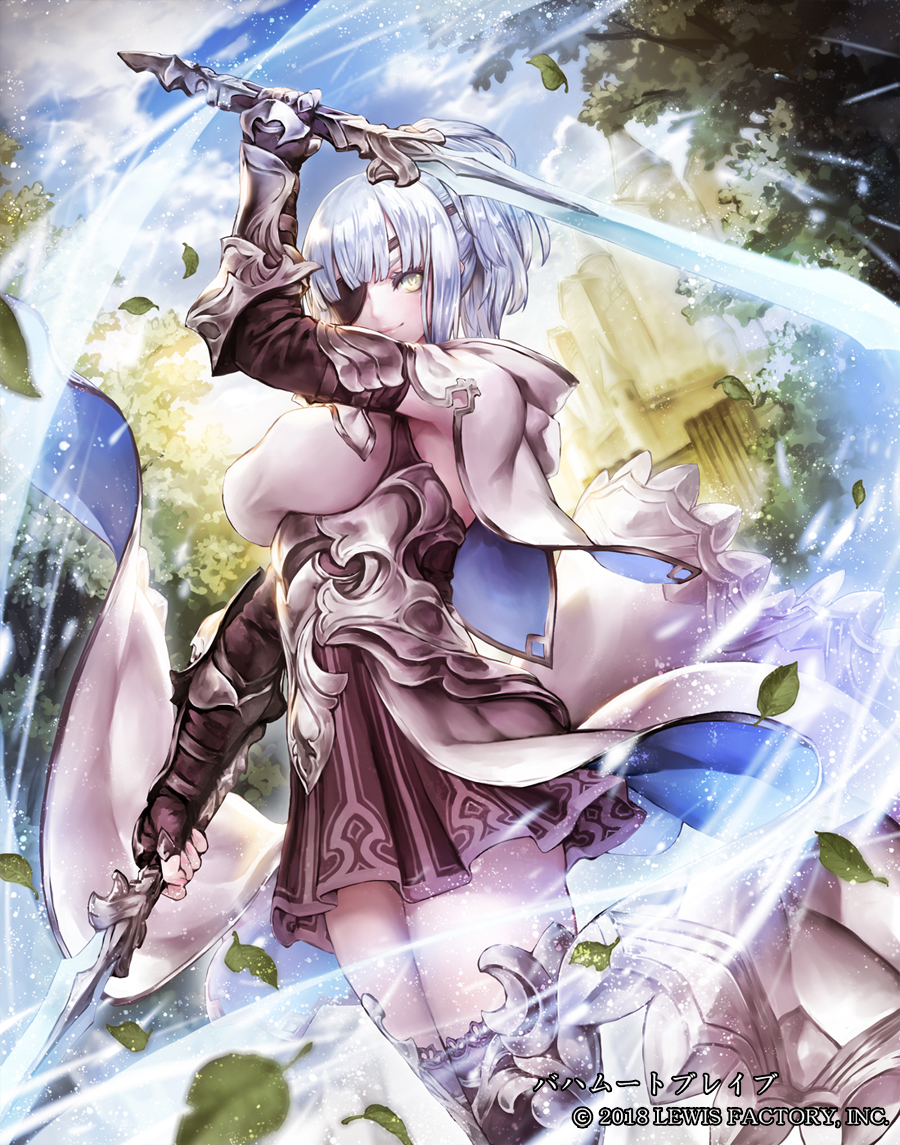 1girl bangs blue_sky blunt_bangs breasts brown_skirt capelet castle company_name dual_wielding dutch_angle eyepatch gauntlets holding holding_sword holding_weapon looking_at_viewer medium_breasts motion_blur nabe_(crow's_head) official_art outdoors silver_hair skirt sky solo standing sword thigh-highs tree watermark weapon white_capelet