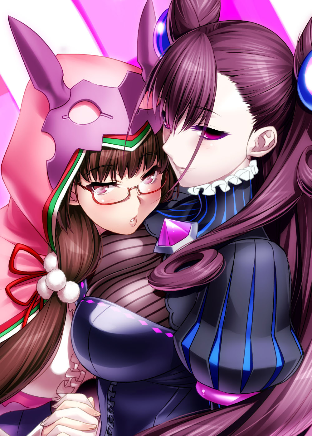 2girls animal_hood bangs blush breasts brown_hair dress eyebrows_visible_through_hair fate/grand_order fate_(series) frills glasses hair_between_eyes hair_rings hand_holding highres hood interlocked_fingers juliet_sleeves large_breasts long_hair long_sleeves looking_at_viewer low_twintails multiple_girls murasaki_shikibu_(fate) osakabe-hime_(fate/grand_order) pale_skin parted_lips puffy_sleeves purple_hair red-framed_eyewear semi-rimless_eyewear twintails two_side_up under-rim_eyewear upper_body violet_eyes zen