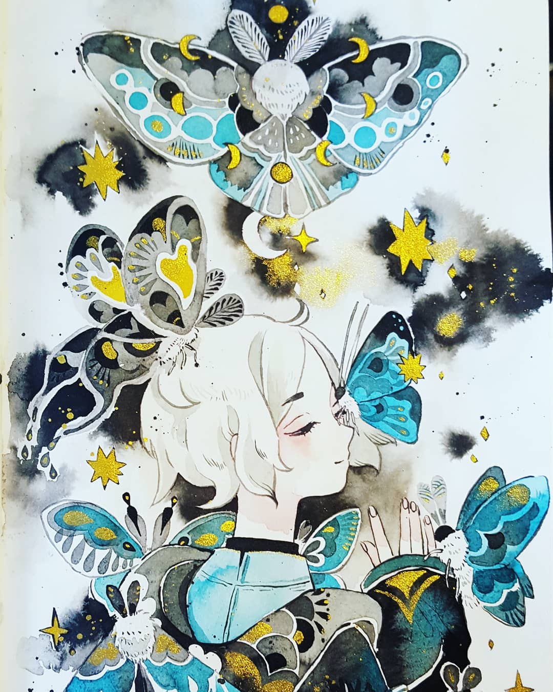 1girl blue_wings bug closed_eyes crescent_moon full_moon grey_wings hand_up highres insect long_sleeves maruti_bitamin moon moon_phases moth original portrait short_hair smile solo standing_on_head traditional_media watercolor_(medium) white_hair wings