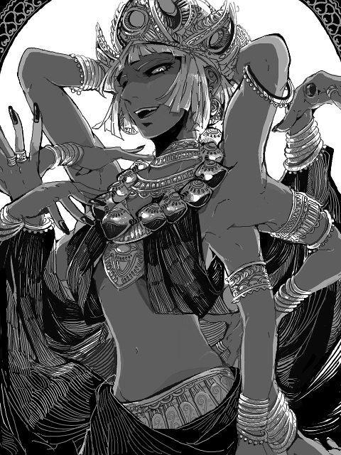 androgynous armlet arms_up bangle black_nails bracelet crown dark_skin extra_arms greyscale grin jewelry kouta_(fxpdj) looking_at_viewer monochrome nail_polish navel original ring short_hair smile solo white_hair