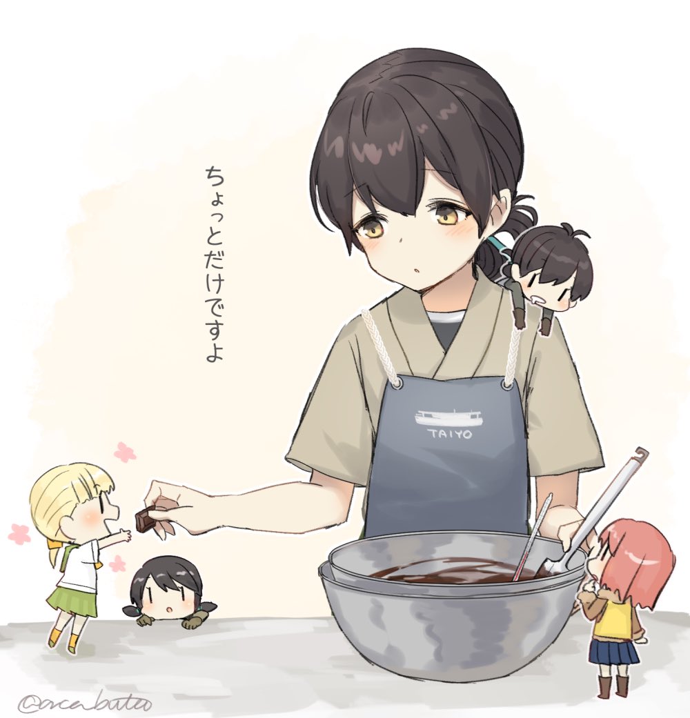 5girls apron bangs black_hair blue_ribbon bowl brown_eyes chibi chocolate commentary_request fairy_(kantai_collection) folded_ponytail green_kimono grey_apron hair_ribbon japanese_clothes kantai_collection kasuga_maru_(kantai_collection) kimono long_hair miniskirt multiple_girls remodel_(kantai_collection) ribbon simple_background skirt solo_focus spatula swept_bangs taiyou_(kantai_collection) translated twitter_username white_background yamashiki_(orca_buteo)