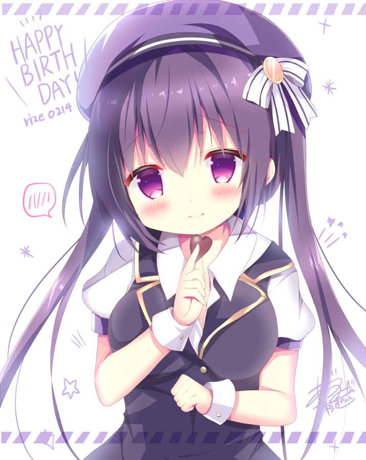 1girl azumi_kazuki bangs beret black_vest blush bow breasts character_name chocolate chocolate_heart closed_mouth collared_shirt commentary_request dated eyebrows_visible_through_hair food gochuumon_wa_usagi_desu_ka? hair_between_eyes hair_bow happy_birthday hat head_tilt heart holding holding_food long_hair looking_at_viewer medium_breasts puffy_short_sleeves puffy_sleeves purple_hair purple_hat shirt short_sleeves signature simple_background solo spoken_blush striped striped_bow tedeza_rize twintails upper_body very_long_hair vest violet_eyes white_background white_bow white_shirt wrist_cuffs