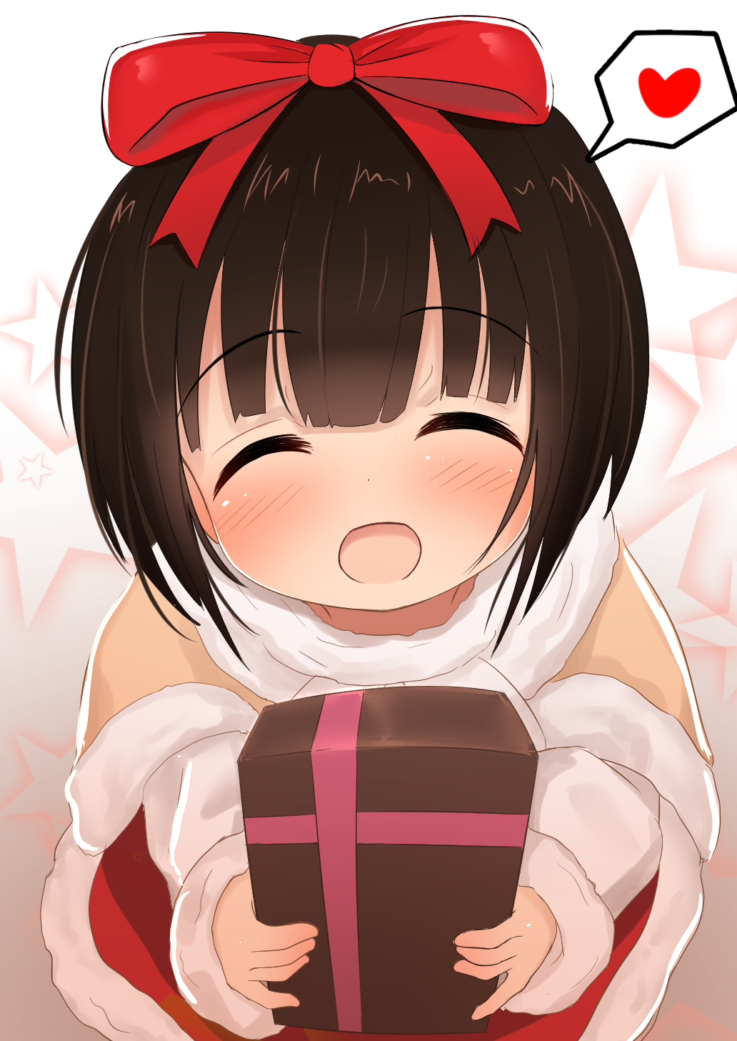 1girl :d ^_^ bangs blush bow box brown_capelet brown_hair capelet closed_eyes closed_eyes commentary_request eyebrows_visible_through_hair facing_viewer fur-trimmed_capelet fur-trimmed_skirt fur-trimmed_sleeves fur_trim gift gift_box girls_frontline hair_bow heart highres holding holding_gift jacket long_sleeves m99_(girls_frontline) neko_miyabi_(artist) open_mouth red_bow red_skirt skirt sleeves_past_wrists smile solo spoken_heart star valentine white_background white_jacket