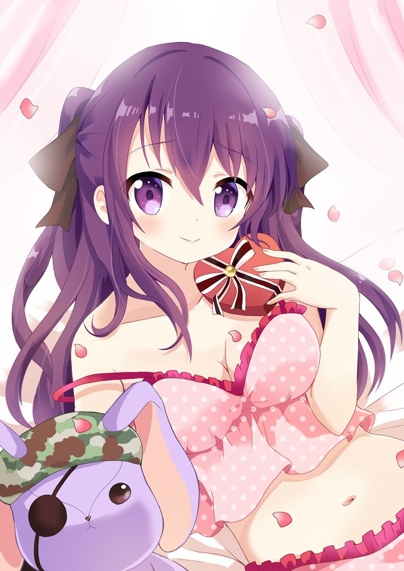 1girl bangs blush box breasts brown_ribbon camisole cleavage closed_mouth commentary_request curtains eyebrows_visible_through_hair fingernails gift gift_box gochuumon_wa_usagi_desu_ka? hair_between_eyes hair_ribbon heart-shaped_box holding holding_gift long_hair massala medium_breasts navel petals pink_camisole polka_dot polka_dot_camisole purple_hair ribbon smile solo stuffed_animal stuffed_bunny stuffed_toy tedeza_rize very_long_hair violet_eyes