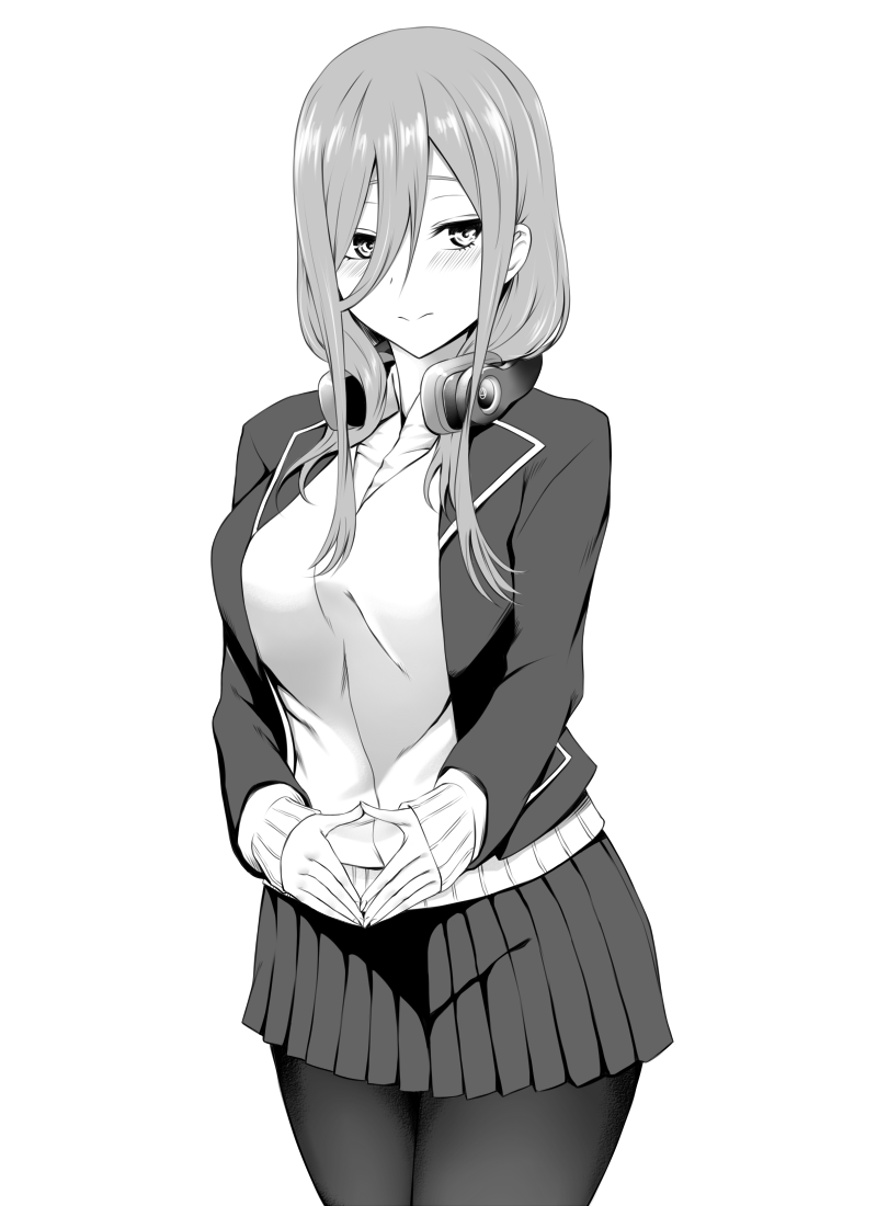1girl bangs blazer blush breasts cardigan closed_mouth crimecrime fingers_together go-toubun_no_hanayome greyscale hair_between_eyes headphones headphones_around_neck jacket large_breasts legs long_hair long_sleeves monochrome nakano_miku pantyhose shirt simple_background skirt solo standing thighs white_background