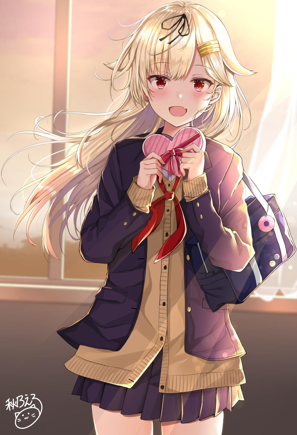 1girl bangs black_ribbon blazer blonde_hair blush breasts cardigan cowboy_shot floating_hair gift hair_flaps hair_ornament hair_ribbon hairclip highres holding holding_gift jacket kantai_collection long_hair long_sleeves looking_at_viewer messy_hair neckerchief noeru_(gt17854) open_mouth pleated_skirt red_eyes red_neckwear remodel_(kantai_collection) ribbon school_uniform shcool_bag sidelocks signature skirt smile solo sunset valentine wind window yuudachi_(kantai_collection)