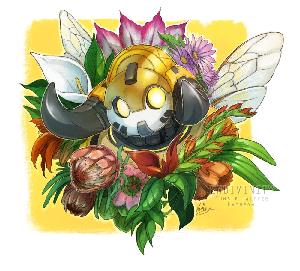 1girl alternate_costume artist_name endivinity flower horns hunters_orisa insect_wings leaf orisa_(overwatch) overwatch overwatch_league robot solo white_background wings yellow_eyes