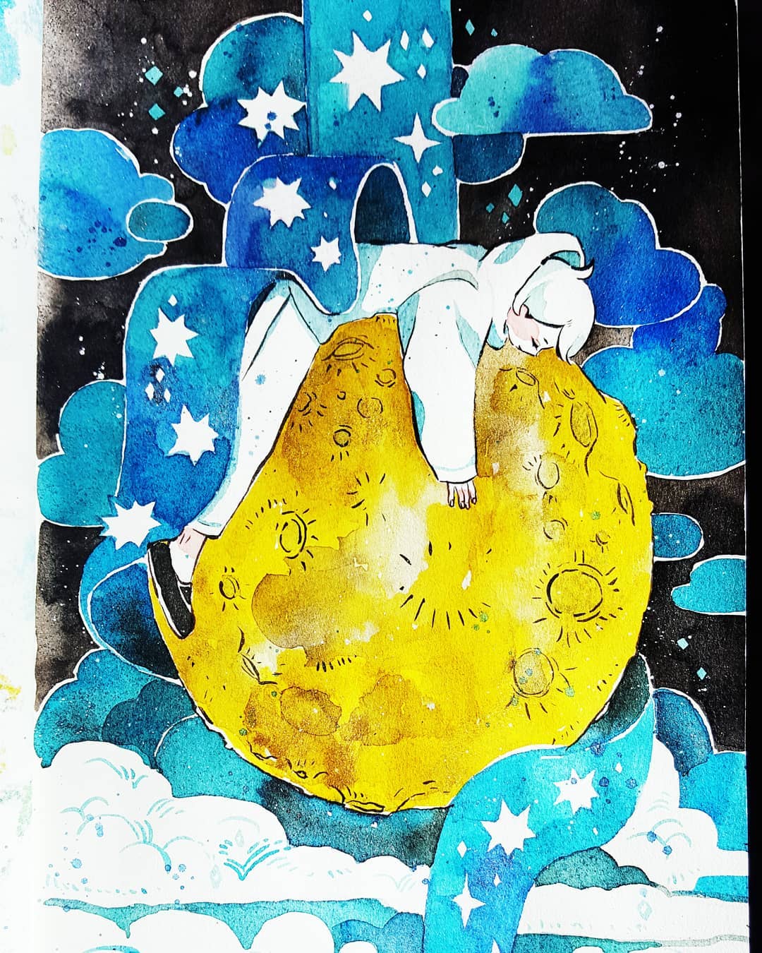 androgynous black_footwear closed_eyes clouds crater full_body full_moon highres hood hoodie lying maruti_bitamin moon on_stomach original pants profile shoes short_hair solo star traditional_media watercolor_(medium) white_hair white_hoodie white_pants yellow_moon