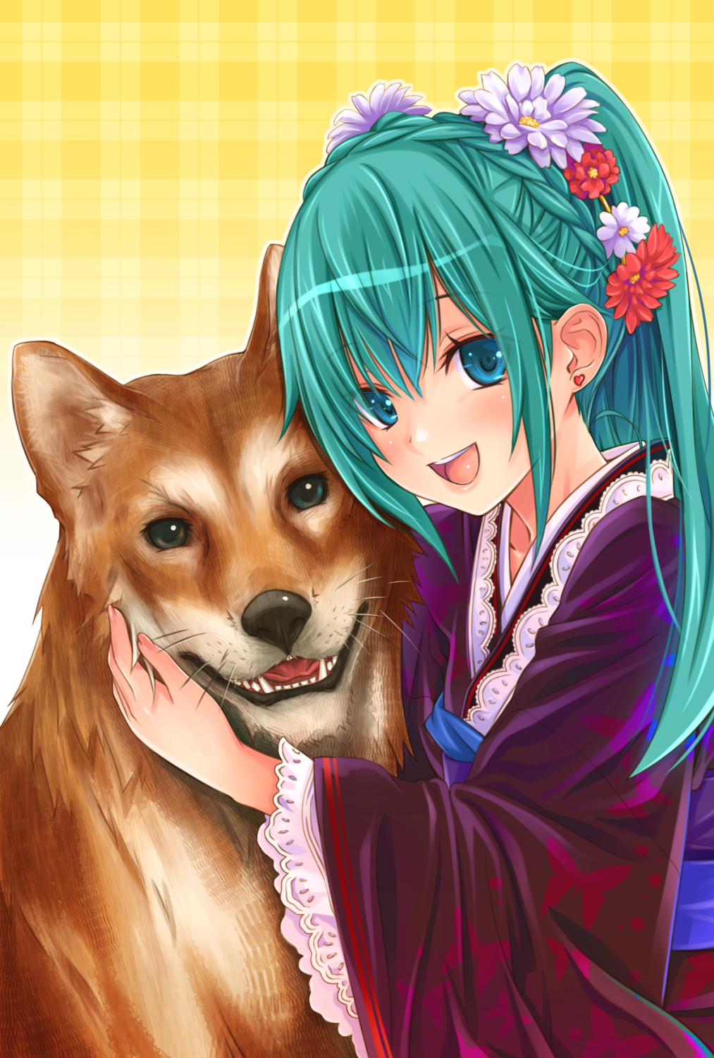 1girl :d @hina animal_print blue_eyes blush braid butterfly_print chinese_zodiac crown_braid dog earrings eyebrows_visible_through_hair flower green_hair hair_between_eyes hair_flower hair_ornament heart heart_earrings highres japanese_clothes jewelry kimono long_hair looking_at_viewer nengajou new_year obi open_mouth original parted_lips plaid plaid_background sash smile twintails year_of_the_dog yellow_background