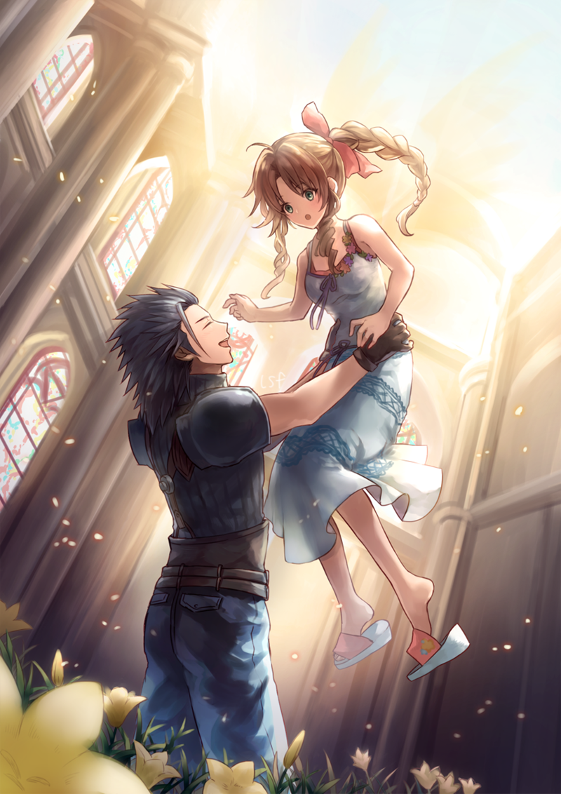 1boy 1girl :o aerith_gainsborough ahoge bangs bare_shoulders black_hair bow braid brown_hair closed_eyes commentary dress eyebrows_visible_through_hair final_fantasy final_fantasy_vii flower gloves green_eyes hair_ribbon hands_on_another's_hips long_dress long_hair looking_at_another open_mouth pink_bow ponytail red_bow red_ribbon ribbon sasanomesi single_braid smile spiky_hair zack_fair