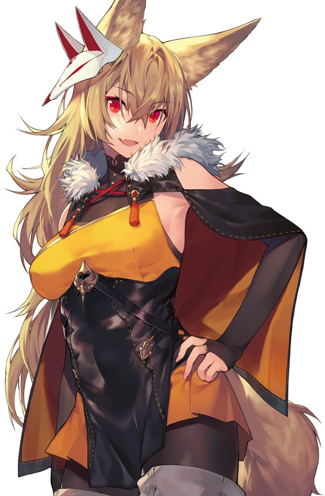 1girl :d animal_ears armpits bangs black_cape black_legwear blonde_hair breasts bridal_gauntlets cape commentary_request cowboy_shot crossed_bangs fang fox_ears fox_girl fox_mask fox_tail fur_collar hair_between_eyes hand_on_hip head_tilt long_hair looking_at_viewer mask mask_on_head medium_breasts miniskirt noy open_mouth orange_shirt orange_skirt original pantyhose red_eyes shirt simple_background skirt sleeveless sleeveless_shirt smile solo standing tail tassel turtleneck underbust white_background