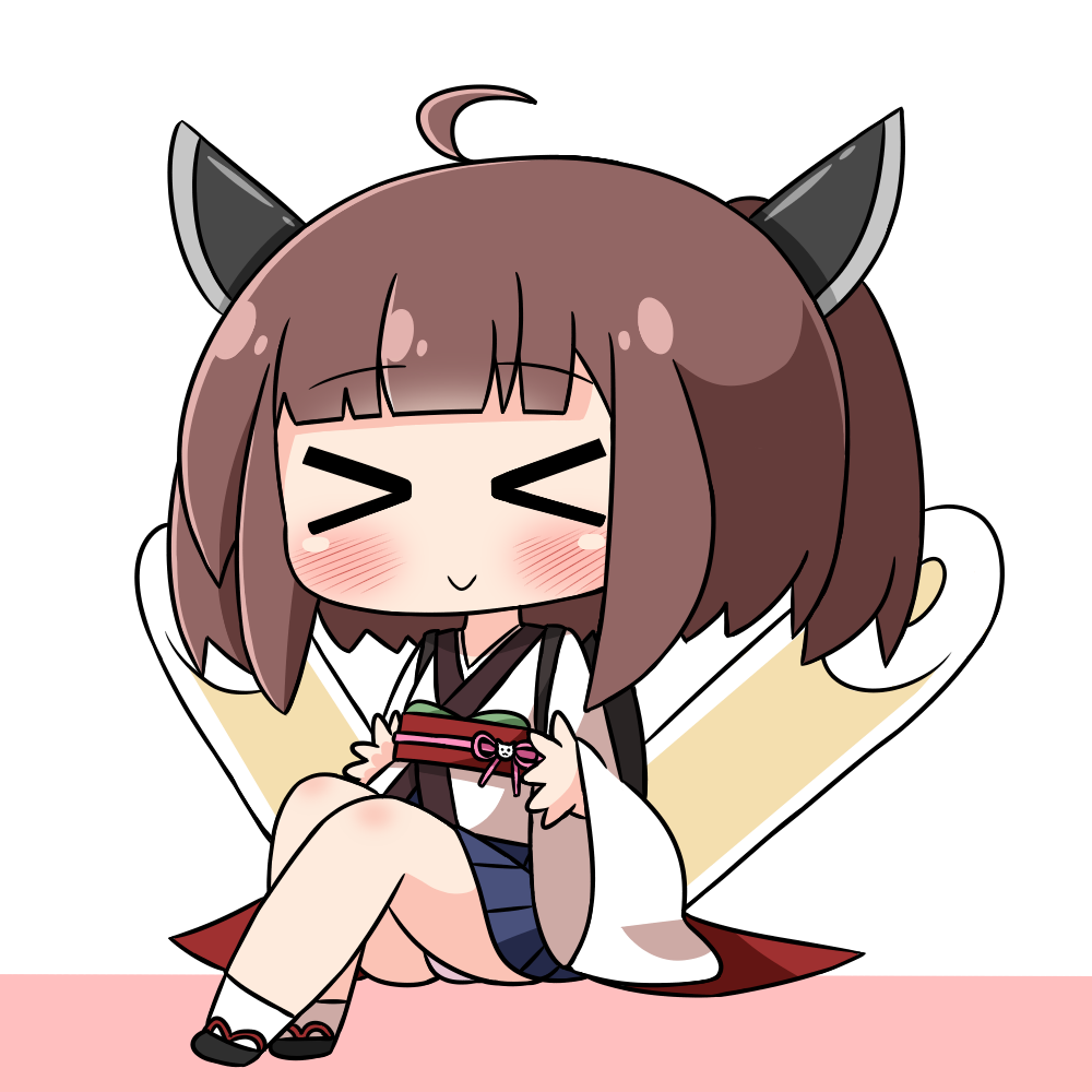 &gt;_&lt; 1girl ahoge bangs black_footwear blue_skirt blunt_bangs blush brown_background brown_hair chibi closed_eyes closed_mouth eyebrows_visible_through_hair facing_viewer hana_kazari headgear japanese_clothes kimono long_hair long_sleeves obi pleated_skirt sash sitting skirt sleeves_past_wrists smile socks solo touhoku_kiritan two-tone_background voiceroid white_background white_kimono white_legwear wide_sleeves zouri