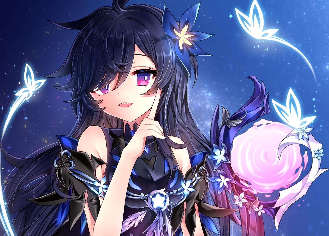 1girl bug butterfly elsword flower insect laby_(elsword) long_hair mirror nisha_(elsword) nisha_labyrinth_(elsword) pointing sharp_teeth sleeveless smile star teeth xes_(xes_5377)