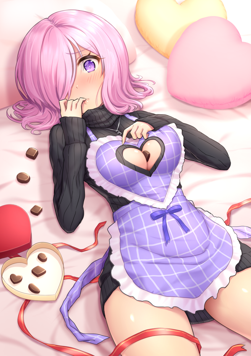 1girl apron bangs between_breasts black_sweater blue_ribbon blush box breasts chocolate chocolate_heart cleavage cleavage_cutout closed_mouth commentary_request cowboy_shot dress fate/grand_order fate_(series) frilled_apron frills gift gift_box hair_over_one_eye hand_on_own_chest hand_up heart heart-shaped_box heart_cutout heart_pillow highres jewelry long_sleeves looking_at_viewer lying mash_kyrielight medium_breasts necklace on_back oyaji-sou pillow pink_hair plaid purple_apron red_ribbon ribbed_sweater ribbon short_hair sleeves_past_wrists solo sweater sweater_dress thighs turtleneck turtleneck_sweater valentine violet_eyes